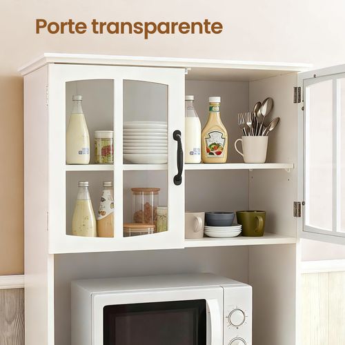 Armoire De Cuisine Avec Étagères Réglables, Buffet De Rangement, Portes En Verre, Moderne, Blanc