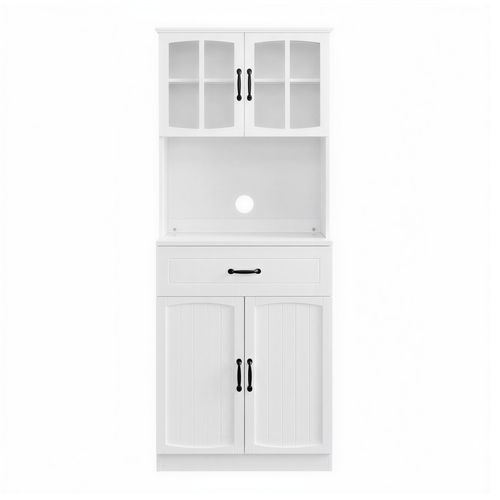 Armoire De Cuisine Avec Étagères Réglables, Buffet De Rangement, Portes En Verre, Moderne, Blanc