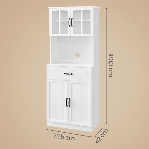Armoire De Cuisine Avec Étagères Réglables, Buffet De Rangement, Portes En Verre, Moderne, Blanc