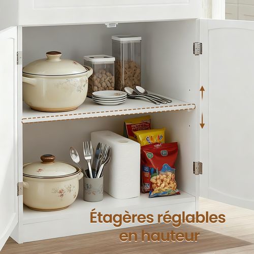 Armoire De Cuisine Avec Étagères Réglables, Buffet De Rangement, Portes En Verre, Moderne, Blanc
