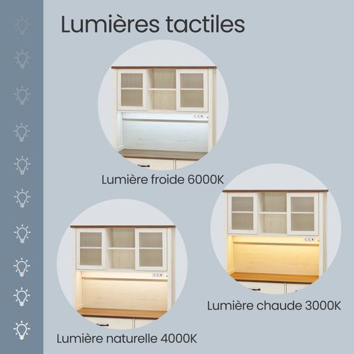 Meuble De Rangement Avec Lumières, Chargeur, Portes Et Tiroirs, Étagères Réglables, Blanc Et Marron