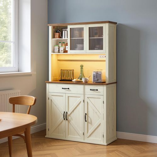 Meuble De Rangement Avec Lumières, Chargeur, Portes Et Tiroirs, Étagères Réglables, Blanc Et Marron