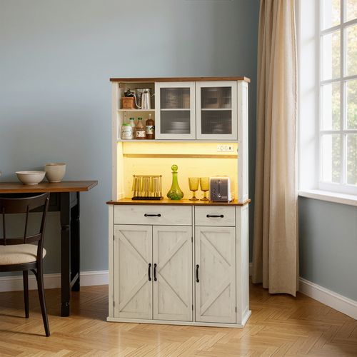 Meuble De Rangement Avec Lumières, Chargeur, Portes Et Tiroirs, Étagères Réglables, Blanc Et Marron