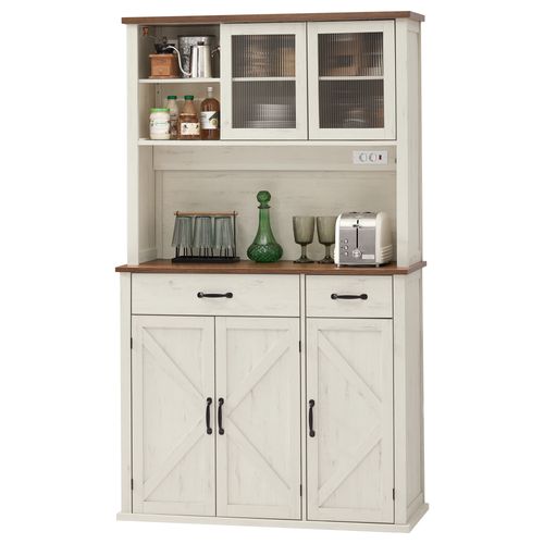 Meuble De Rangement Avec Lumières, Chargeur, Portes Et Tiroirs, Étagères Réglables, Blanc Et Marron