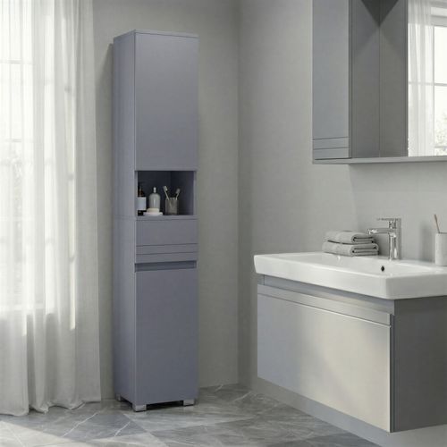 Armoire De Salle De Bain, Meuble De Salle De Bain Avec Un Tiroir, Étagères Ajustables, Gris