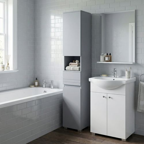 Armoire De Salle De Bain, Meuble De Salle De Bain Avec Un Tiroir, Étagères Ajustables, Gris
