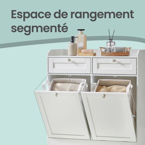 Armoire De Rangement Avec Panier à Linge, Meuble De Salle De Bain, 2 Tiroirs, Sac Amovible, Blanc