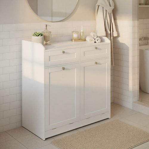 Armoire De Rangement Avec Panier à Linge, Meuble De Salle De Bain, 2 Tiroirs, Sac Amovible, Blanc