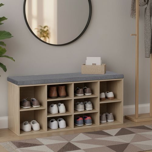 Banc à Chaussures, Avec Coussin, Siège Rembourré, 10 Compartiments, Étagères Réglables, Chêne