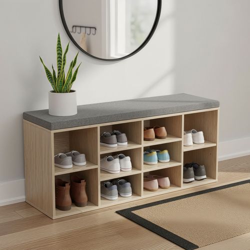 Banc à Chaussures, Avec Coussin, Siège Rembourré, 10 Compartiments, Étagères Réglables, Chêne
