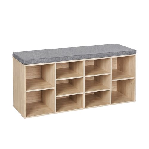 Banc à Chaussures, Avec Coussin, Siège Rembourré, 10 Compartiments, Étagères Réglables, Chêne