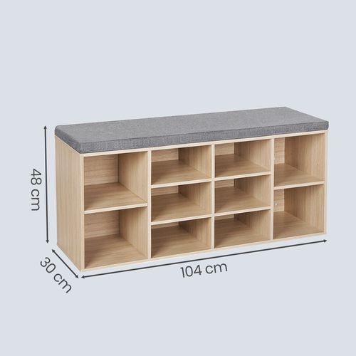 Banc à Chaussures, Avec Coussin, Siège Rembourré, 10 Compartiments, Étagères Réglables, Chêne