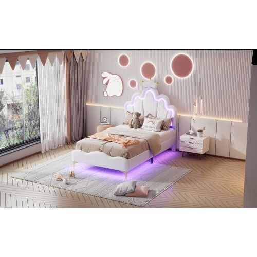 Lit Simple Rembourré - Lit Princesse Avec LED Réglable - Lit Enfant - 90 X 200 Cm - Blanc