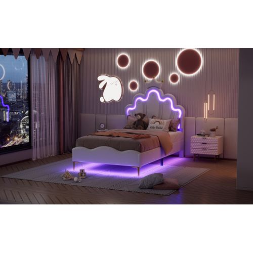Lit Simple Rembourré - Lit Princesse Avec LED Réglable - Lit Enfant - 90 X 200 Cm - Blanc