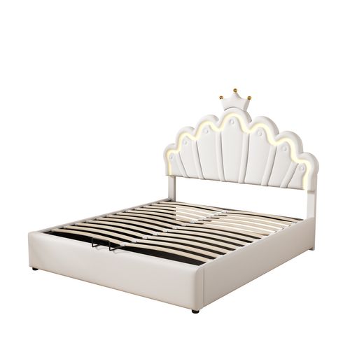 Lit Double Rembourré - Lit Princesse Avec LED Réglable  - Lit Enfant - 140 X 200 Cm - Blanc