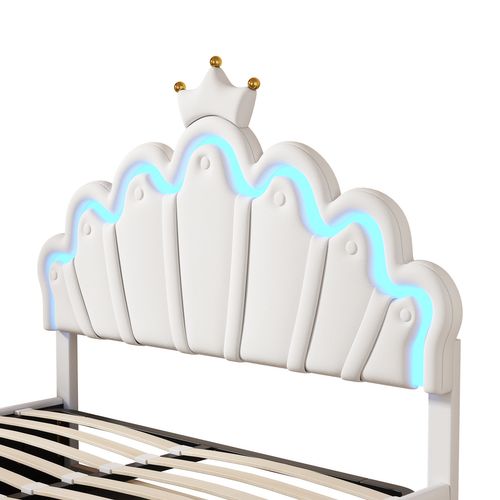 Lit Double Rembourré - Lit Princesse Avec LED Réglable  - Lit Enfant - 140 X 200 Cm - Blanc