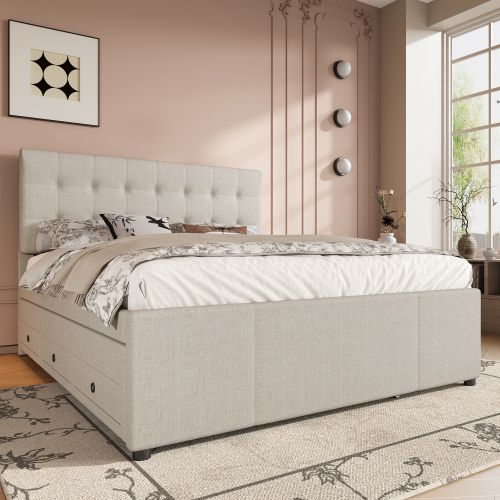 Lit Rembourré, 140x200cm-lit Double Avec Trois Tiroirs-lit Gigogne-tête De Lit Réglable-beige