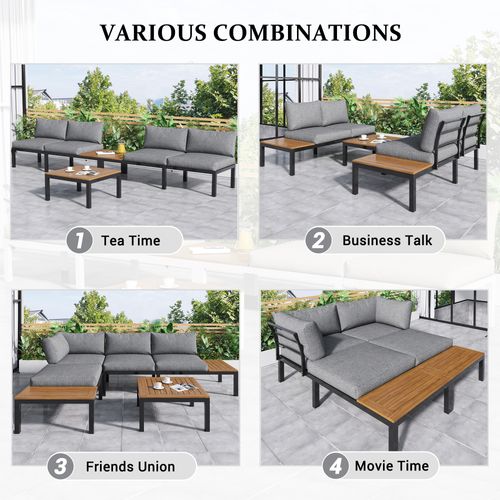 Salon De Jardin (2 Canapés 2 Places + 2 Tables + 1 Table) - Plateau Acacia + Housses - Gris