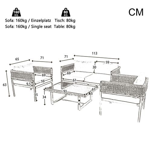 Salon De Jardin 4 Places - Corde Beige, Pieds Réglables, Table Verre + Coussins Inclus - Beige