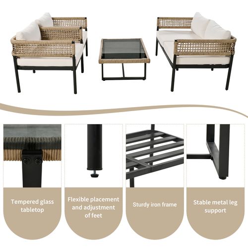 Salon De Jardin 4 Places - Corde Beige, Pieds Réglables, Table Verre + Coussins Inclus - Beige