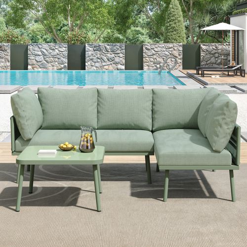 Set Lounge En L Jardin (2 Canapés + Table) - Corde Verte, Pieds Réglables + Coussins Inclus