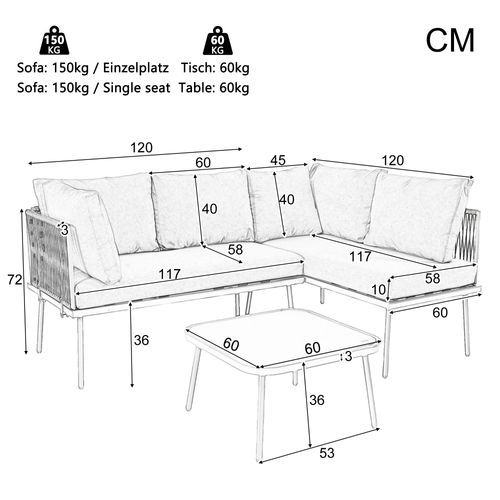Set Lounge En L Jardin (2 Canapés + Table) - Corde Verte, Pieds Réglables + Coussins Inclus