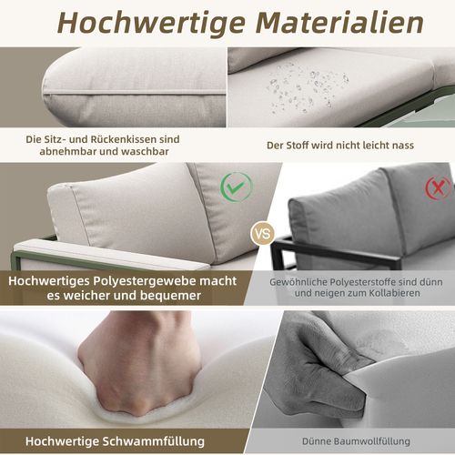 Salon De Jardin 4-5 Places - Cadre Fer Vert, Table Verre Trempé + Coussins - Beige