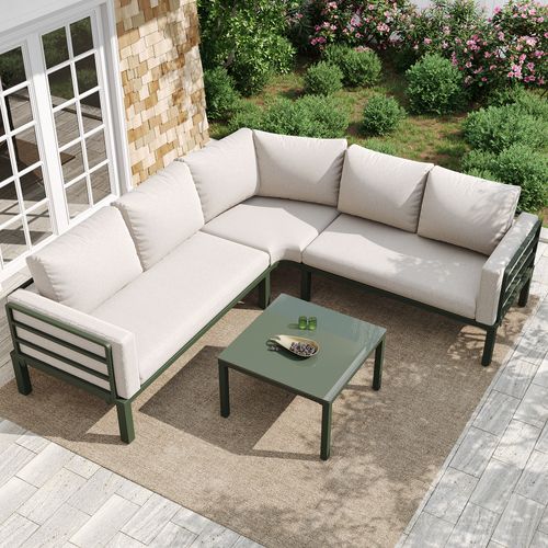 Salon De Jardin 4-5 Places - Cadre Fer Vert, Table Verre Trempé + Coussins - Beige