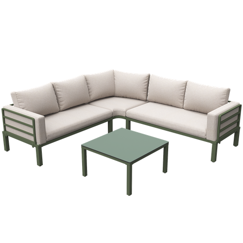 Salon De Jardin 4-5 Places - Cadre Fer Vert, Table Verre Trempé + Coussins - Beige