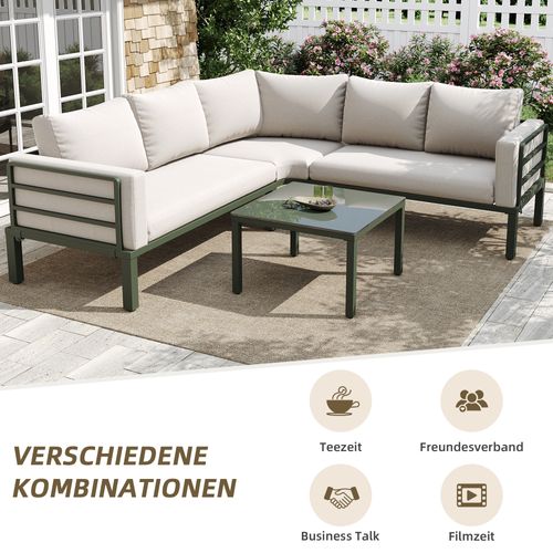 Salon De Jardin 4-5 Places - Cadre Fer Vert, Table Verre Trempé + Coussins - Beige