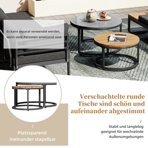 Salon De Jardin 4-5 Places - 2 Tables Empilables, Acier Galvanisé + Coussins Inclus - Gris