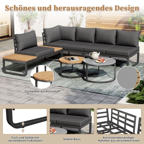 Salon De Jardin 4-5 Places - 2 Tables Empilables, Acier Galvanisé + Coussins Inclus - Gris