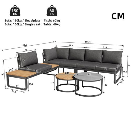 Salon De Jardin 4-5 Places - 2 Tables Empilables, Acier Galvanisé + Coussins Inclus - Gris