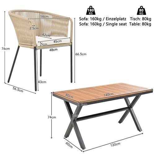 Set Repas Jardin 7 Places (6 Chaises + Table) - Corde Résistante, Table Acacia + Coussins Lavables