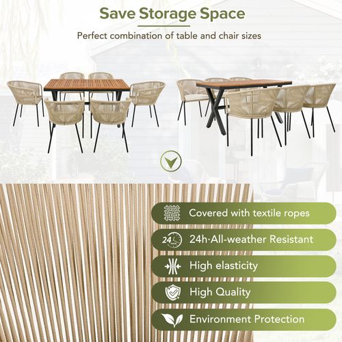 Set Repas Jardin 7 Places (6 Chaises + Table) - Corde Résistante, Table Acacia + Coussins Lavables