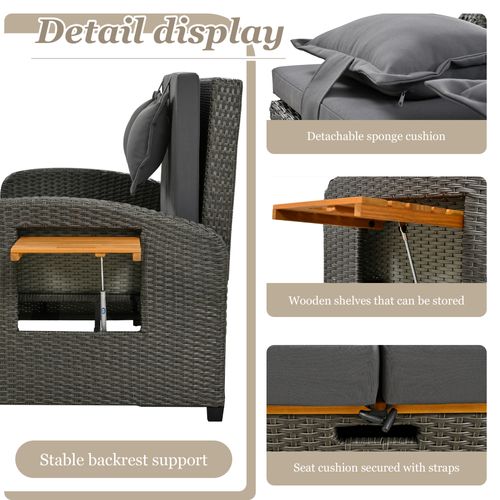 2 Fauteuils Lounge Jardin - Rotin Gris, Dossier Réglable, Repose-pieds + Coussins