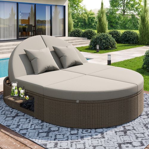 Transat Double Jardin - Rotin, Tablette Latérale, Table Pliante + Inclinaison Ajustable