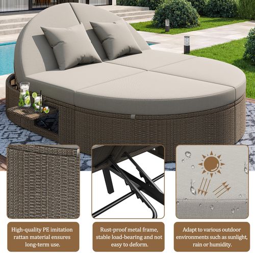 Transat Double Jardin - Rotin, Tablette Latérale, Table Pliante + Inclinaison Ajustable