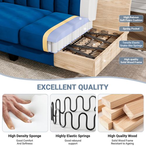 Canapé D'angle 3 Places En Velours,repose-pieds Amovible,208 X 140 X 85cm,bleu