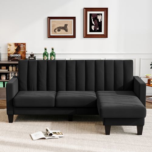 Canapé D'angle 3 Places En Velours,repose-pieds Amovible,208 X 140 X 85cm,noir