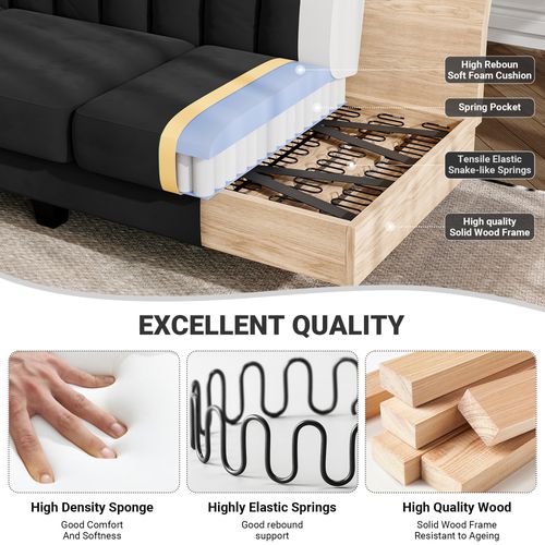 Canapé D'angle 3 Places En Velours,repose-pieds Amovible,208 X 140 X 85cm,noir