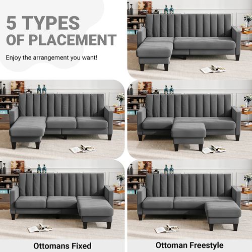 Canapé D'angle 3 Places En Velours,repose-pieds Amovible,208 X 140 X 85cm,gris