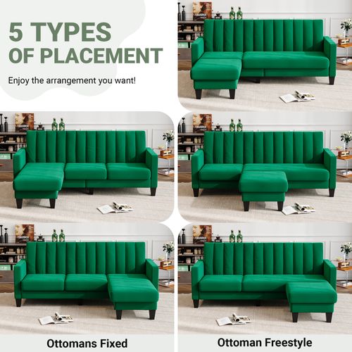 Canapé D'angle 3 Places En Velours,repose-pieds Amovible,208 X 140 X 85cm,vert