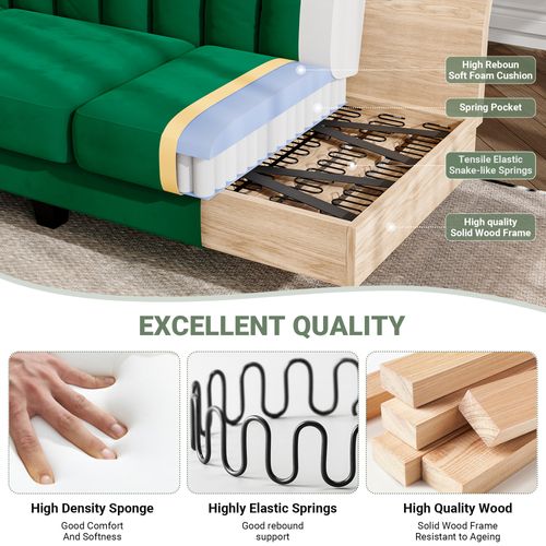 Canapé D'angle 3 Places En Velours,repose-pieds Amovible,208 X 140 X 85cm,vert