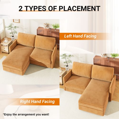 Canapé D'angle 2 Places En Velours Côtelé,confortable Moderne,180x137x84cm,jaune Abricot