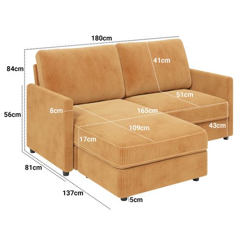 Canapé D'angle 2 Places En Velours Côtelé,confortable Moderne,180x137x84cm,jaune Abricot