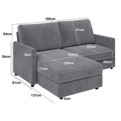 Canapé D'angle 2 Places En Velours Côtelé,canapé Confortable,180x137x84cm,gris