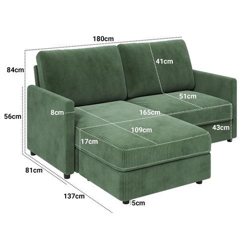 Canapé D'angle 2 Places En Velours Côtelé,canapé Confortable,180x137x84cm,vert