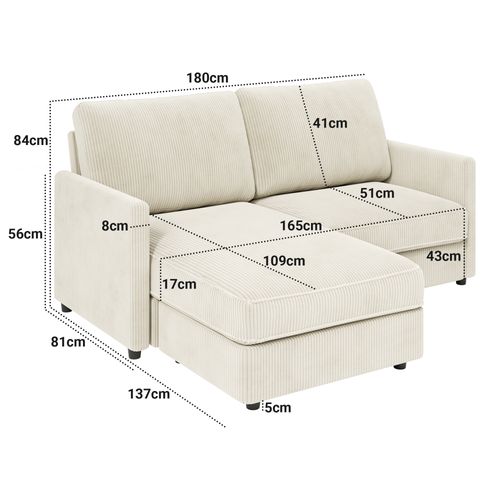 Canapé D'angle 2 Places En Velours Côtelé,canapé Confortable,180x137x84cm,beige