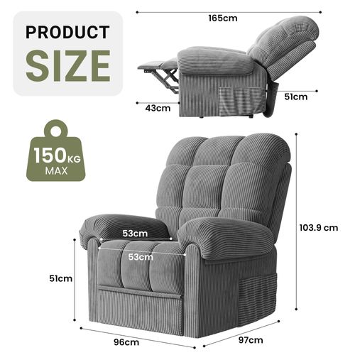 Fauteuil Relax Électrique En Velours Côtelé, Réglable Avec Repose-pieds, Gris